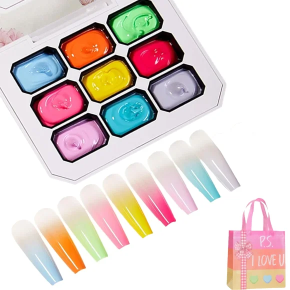 Gel de Peinture Dégradée, 9 Couleurs Gel Ombré pour Ongles, Pigment Pat Ongles Manucure Française Bricolage Art des Ongles Longue Tenue Trempage (1 Ensemble