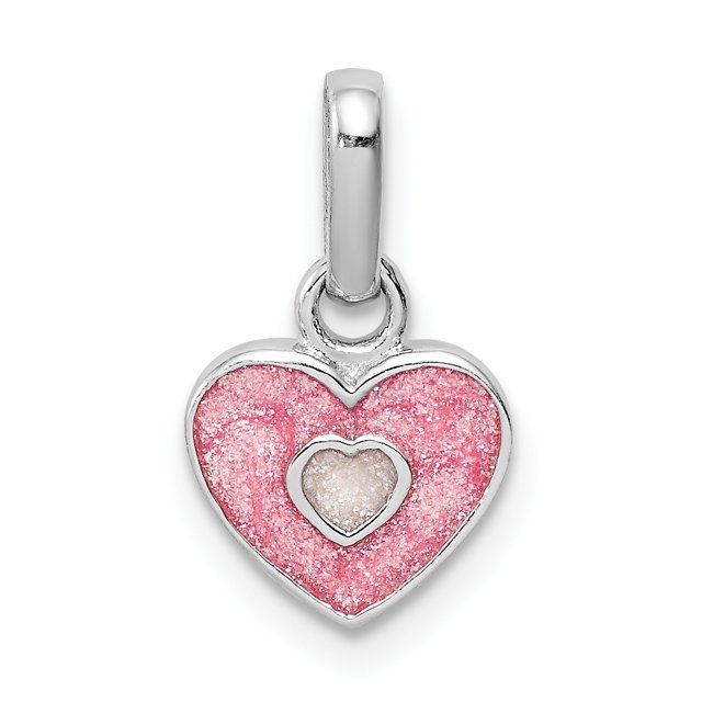 Pendentif en Forme de Cœur en Émail Pailleté Rose pour Enfant en Argent Sterling 925 Rhodié