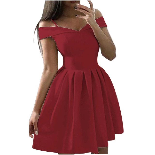 EQWLJWE Robes d'Été pour Femmes 2023 Robe Unie Soutien-Gorge Épaules Dénudées Robe Plissée à la Taille Robe Grande Balançoire Robe en Liquidation pour Femmes