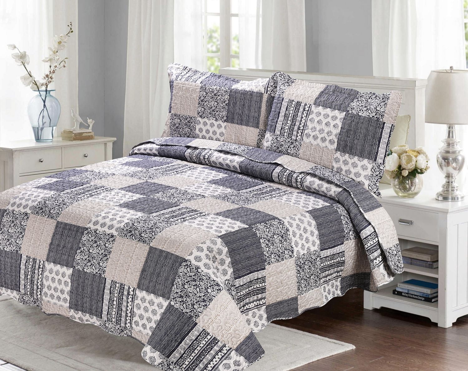 Marina Decoration Parure de lit ultra douce avec couvre-lit en tissu Pinsonic imprimé en relief et taies d'oreiller, motif écossais bleu marine