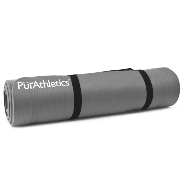 Zenzation Athletics Exercise and Pilates 5/8-inch Mat rolled up with black stretchable straps, featuring a dual-textured closed-cell foam surface for grip and spine protection on hard floors, suitable for Pilates and aerobic fitness.