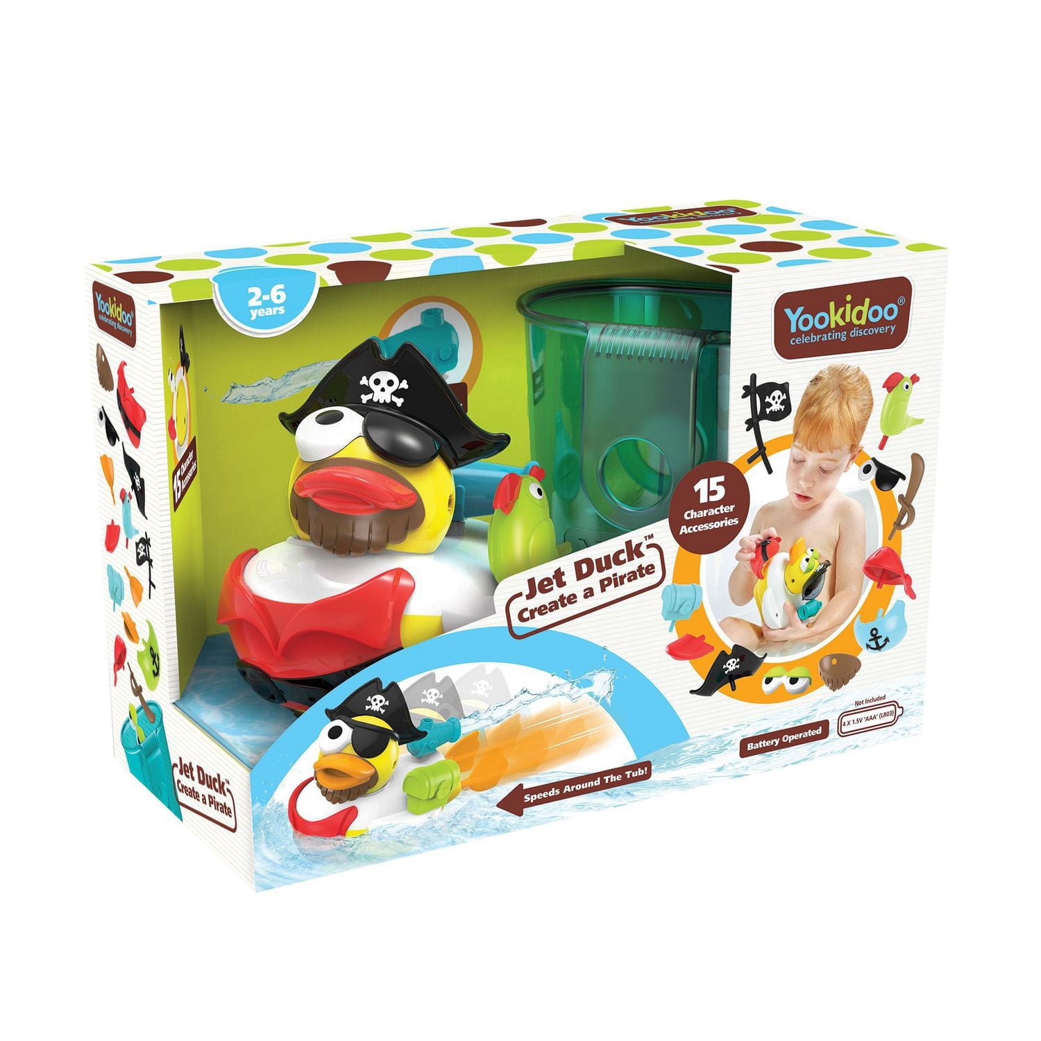 Yookidoo Jet Duck Créez un Pirate – Jouet de Bain à Piles avec Action de Jet d'Eau, 15 Accessoires pour Personnalisation, Aventure Amusante pour l'Heure du Bain des Enfants