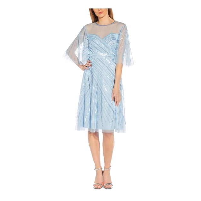 ADRIANNA PAPELL Robe de Soirée Évasée pour Femmes Bleu Pâle à Paillettes avec Fermeture Éclair, Doublée, Manches au Coude, Encolure Illusion, Longueur Genou 10