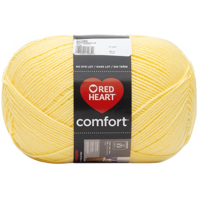 Red Heart® Comfort® Yarn, Solid, Acrylic #4 Medium, 16oz/454g, 867 Yards centered, front-facing view of a large solid-colour worsted weight yarn ball in red; smooth acrylic strand and paper band showing brand and yardage, studio white background. Suitable for throws and blankets and machine wash and tumble dry care; often used for pom-poms and craft trims.