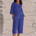 thumbnail image 2 of Ensemble Décontracté pour Femme, Haut à Col Rond à Manches 3/4 et Short à Taille Élastique, Tissu Polyester Respirant pour Détente et Tenue d'Été Confortable, 2 of 5