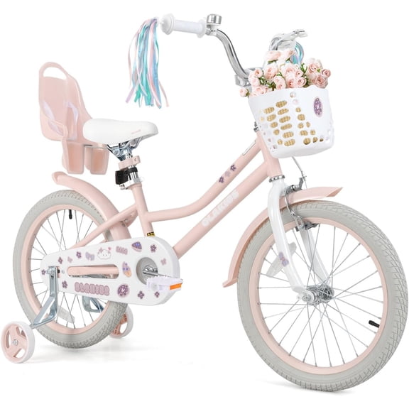 OLAKIDS 16 Inch Toddlers Bike with Training Wheels Doll Seat Basket Adjustable Seat and Handlebar, Handbrake and Coaster Brake, Children's Bicycle for Girls