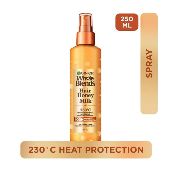 Garnier Whole Blends Heat Protectant Spray for Damaged Hair, Sulfate Free, Prevents Breakage, Hair Honey Milk Spray