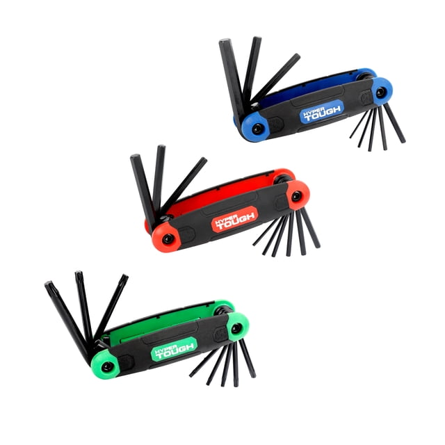 Hyper Tough 3-piece Folding Hex Key Set with color-coded blue, red, and green folding handles, each containing multiple black steel hex keys including SAE, Metric, and Star types. Features non-slip grips and labeled sizes, ideal for fastening tasks and suitable for bike repairs and furniture assembly.