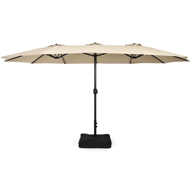 Patiojoy Parasol de patio Double Face de 15 Pi avec base en beige, Offrant un Parasol de Marché Extra-Grand avec une Surface Ombragée de 136 Pi2. Comprend un Système à Manivelle pour une Utilisation Facile, une base Métallique stable et des Évents pour une Meilleure circulation. Idéal pour les Cours Arrière, les Marchés Extérieurs et l'Usage en Bord de Mer.