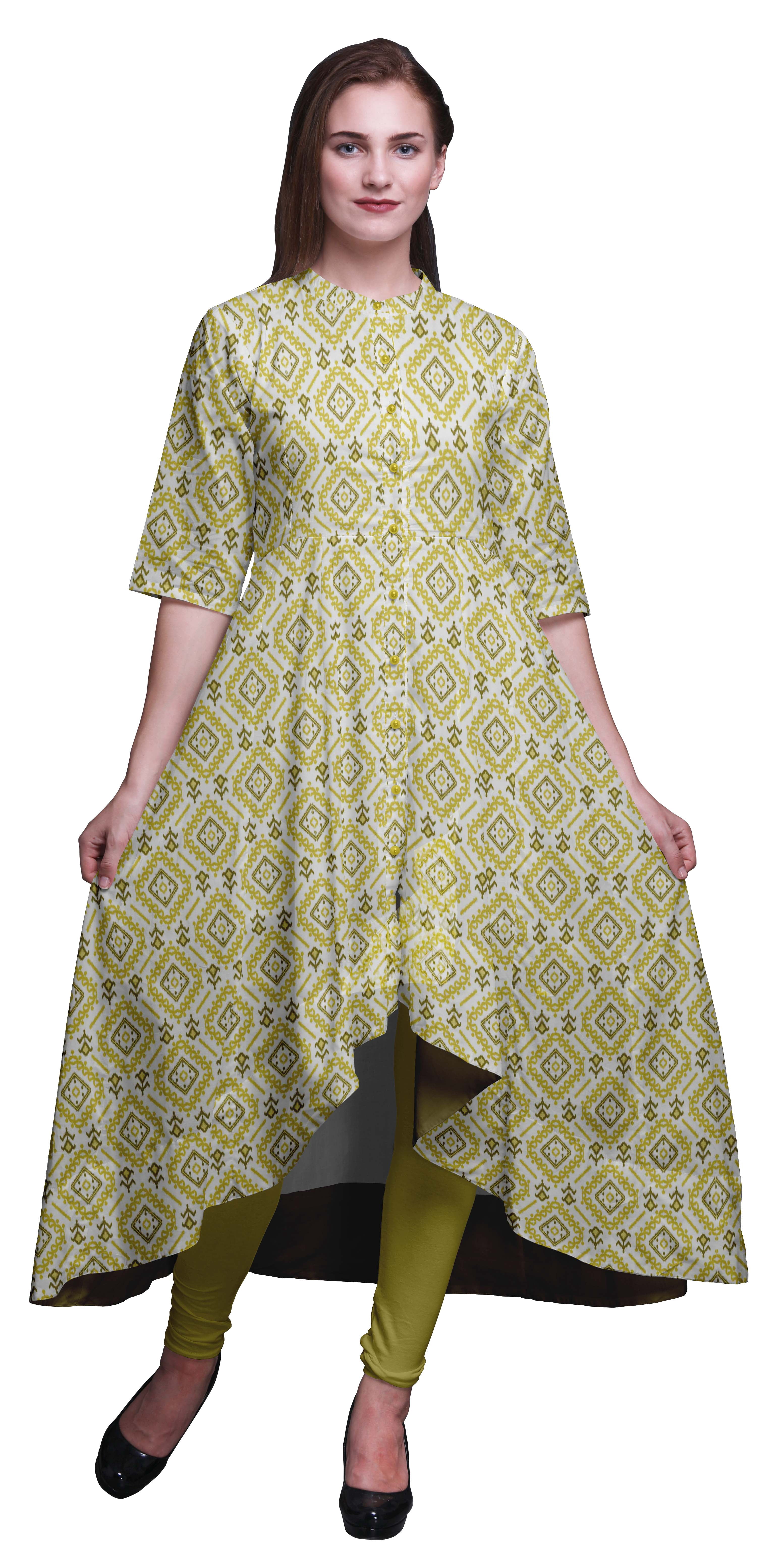 Bimba Robe Anarkali Jaune Ethnique Imprimée Ikat pour Femmes Col Mandarin Kurtis Indiens pour Femmes Tenue de Fête-X-Grand