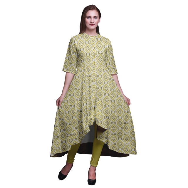 Bimba Robe Anarkali Jaune Ethnique Imprimée Ikat pour Femmes Col Mandarin Kurtis Indiens Kurta Asymétrique-Xxx-Grand