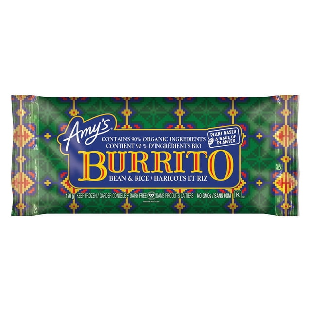 E-AMYS ORGANIC BN & RICE BURRITO ND 170g frozen burrito package with green geometric pattern and blue label stating 'Amy's Burrito Bean & Rice' in yellow text, featuring 90% organic ingredients, plant-based, dairy-free, and no GMOs, bilingual English and French text for Canadian grocery.