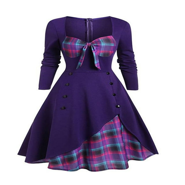 Women‘s Spring Autumn Patchwork Dress Long Sleeve Square Neck Plaid Zipper A-Line Dress