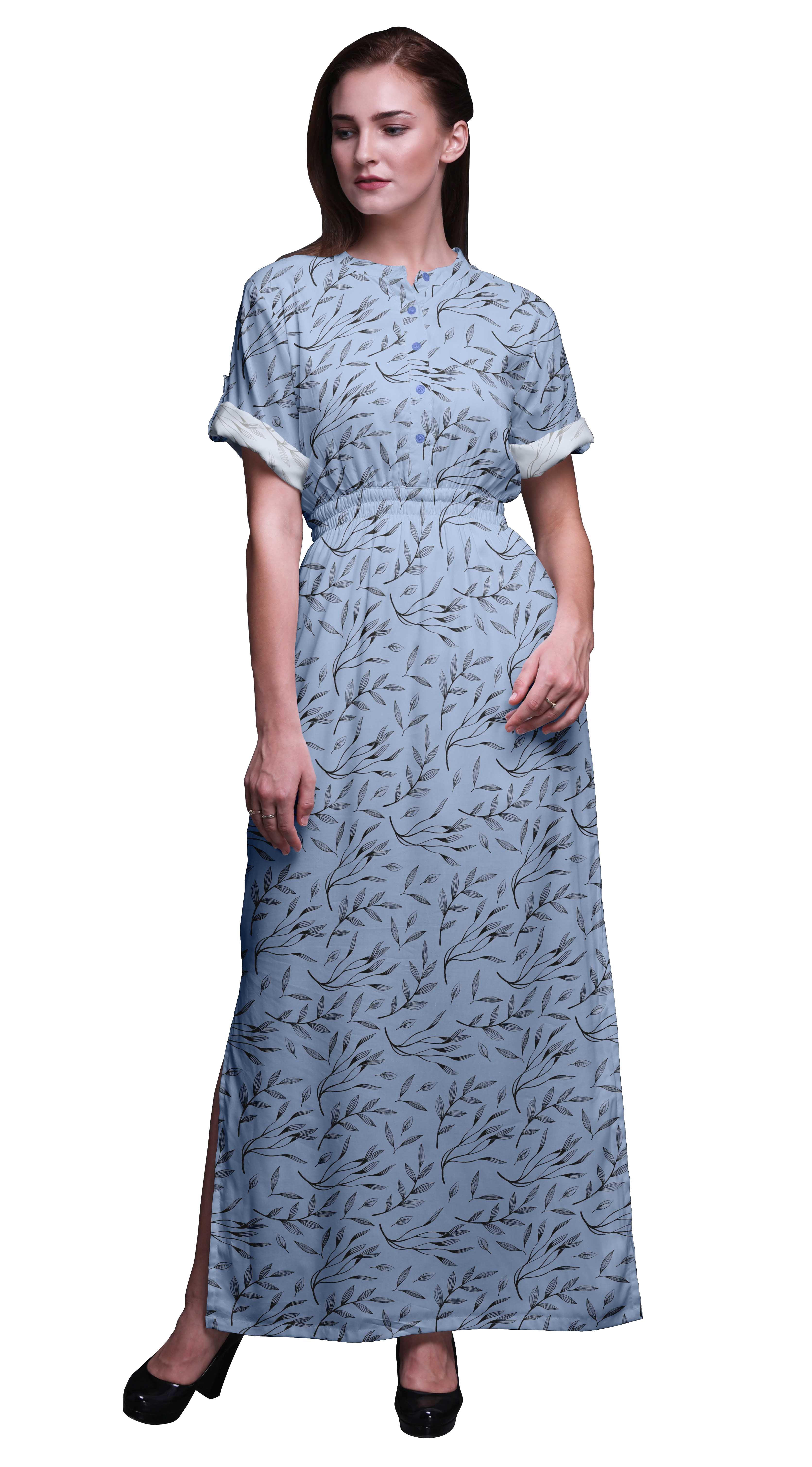 Bimba Robe Longue Maxi d'Été à Fente Latérale Imprimée Feuilles de Curry en Rayonne pour Femmes-Moyen