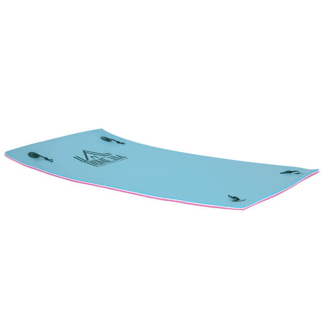 HOMCOM Tapis Flottant 7,5 X 4 Pi, Tapis d'Eau Nénuphar Flottant Bleu avec Bords Roses et Blancs. Fabriqué en Mousse XPE durable avec une Couche en Maille pour une Résistance Accrue. Comprend des Attaches pour Prévenir la Dérive et des Sangles de Rangement pour un Roulage et un Transport Faciles. Convient pour une Utilisation dans les Lacs, les Océans, les Plages et les Rivières. Dimensions : 90,5 Pouces de long, 47,25 Pouces de Large et 1,25 Pouces d'Épaisseur. Capacité de Charge : 220 Lb.