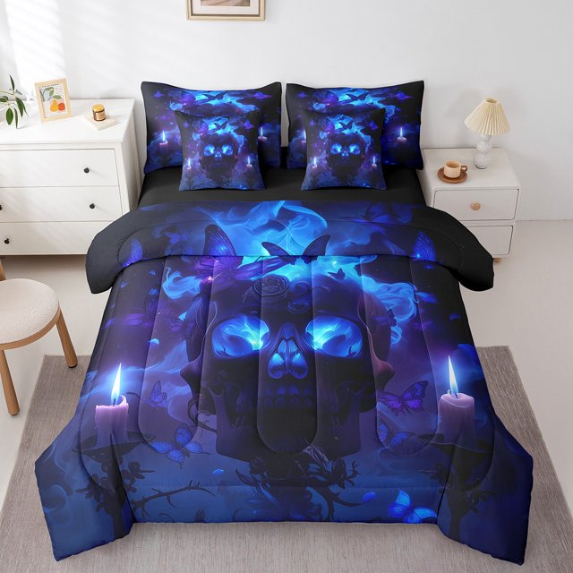 Gothi Sugar Skull Bed In A Bag Smog Skeleton Comforter Set King,Extoic Butterfly Painting 7 Pieces Bedding Set Kids Goth Bone Sheet Set,Blue