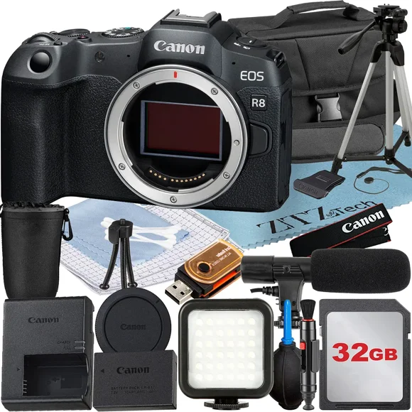 Canon EOS R8 Appareil Photo Sans Miroir (Boîtier) avec Carte Mémoire 32 Go + Étui + Flash LED + Ensemble d'Accessoires ZeeTech