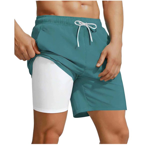 Brnmxoke Men's Workout Shorts with Liner Summer 2 in 1 Quick Dry Running Shorts Loose Fit Elastic Waist Athletic Drawstring Beach Trunks with Zip Pockets Light Blue,XXXL