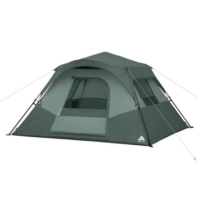 Ozark Trail 6-Person Instant Cabin Tent in green with pre-attached poles for instant setup, featuring a spacious cabin design, four large mesh windows, an adjustable ground vent, and guy lines for stability, suitable for family camping and outdoor use.
