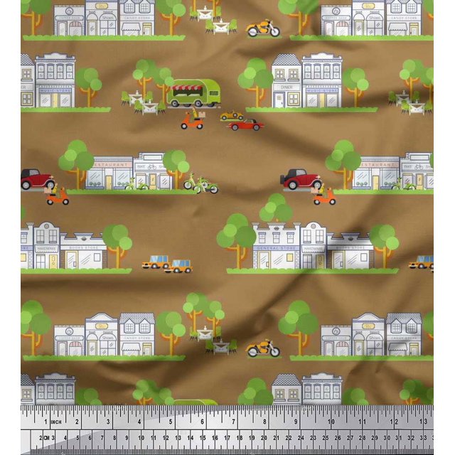 Soimoi Modal Satin Fabric Vehicles,Tree & Shops Architectural Fabric Prints By Yard 42 Inch Wide