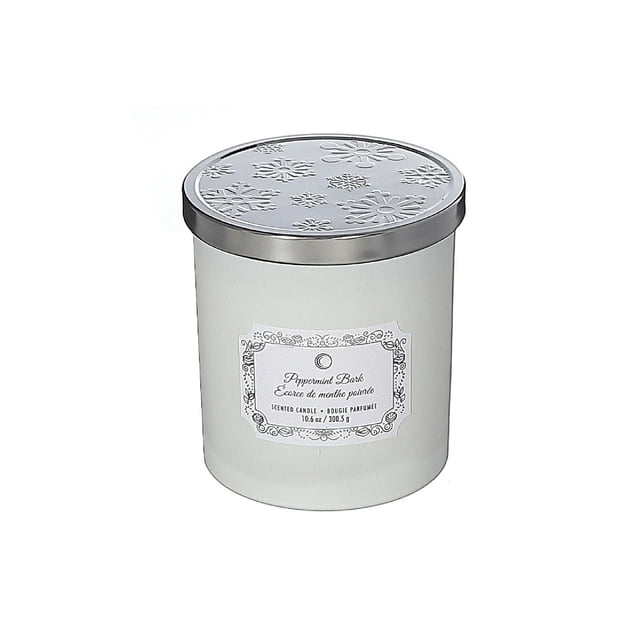 Christmas 10.5Oz Jar Candle Peppermint Bark with a white frosted glass jar and silver metal lid embossed with snowflakes, labeled with peppermint bark scent and 10.6 oz wax content, ideal for indoor holiday decoration and cozy atmosphere.