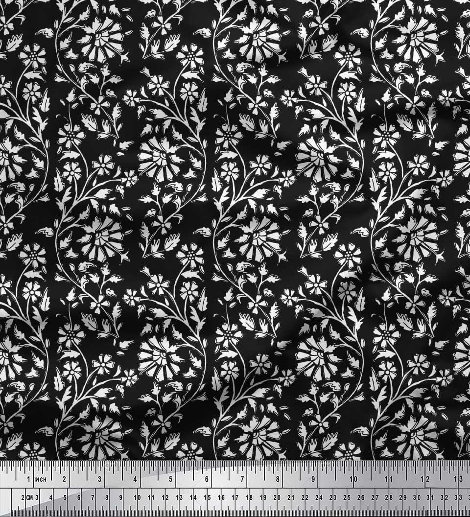 Soimoi Modal Satin Fabric Leaves & Floral Block Decor Fabric Printed Yard 42 Inch Wide