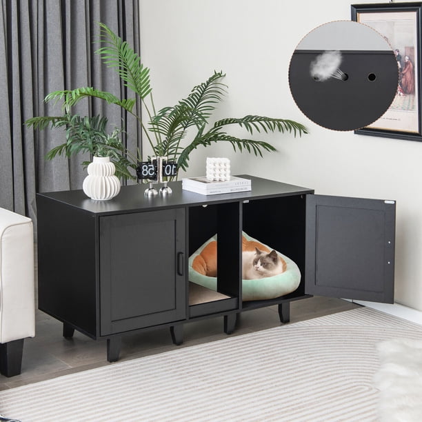 【キミースレータ】Channel sブラックシャドウ Gymax Cat Litter Box Enclosure TV Stand Cabinet Hidden Cat House