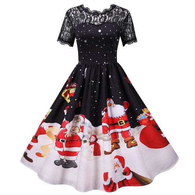 Pisexur Robe Mi-Mollet à Manches Courtes et Col Rond pour Femme, Imprimé Vintage, Dentelle, Manches Courtes, Col Rond, Robe de Soirée de Noël, Robe pour Femme