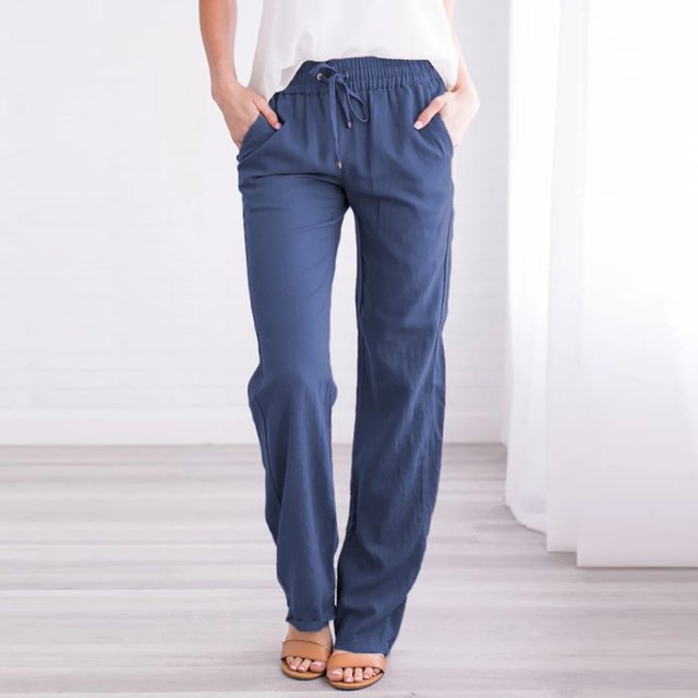CEHVOM Women Casual Cotton And Linen Solid Drawstring Elastic Waist Long Straight Pants