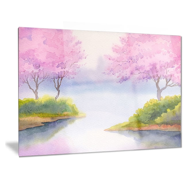 Design Art Flowering Trees over River Landscape Metal Wall Art on a high gloss aluminium panel with a wood subframe creating a floating effect, depicting pink flowering trees and green shrubbery by a calm river in a watercolor style, arriving ready to hang with included hardware, suitable for modern home décor.