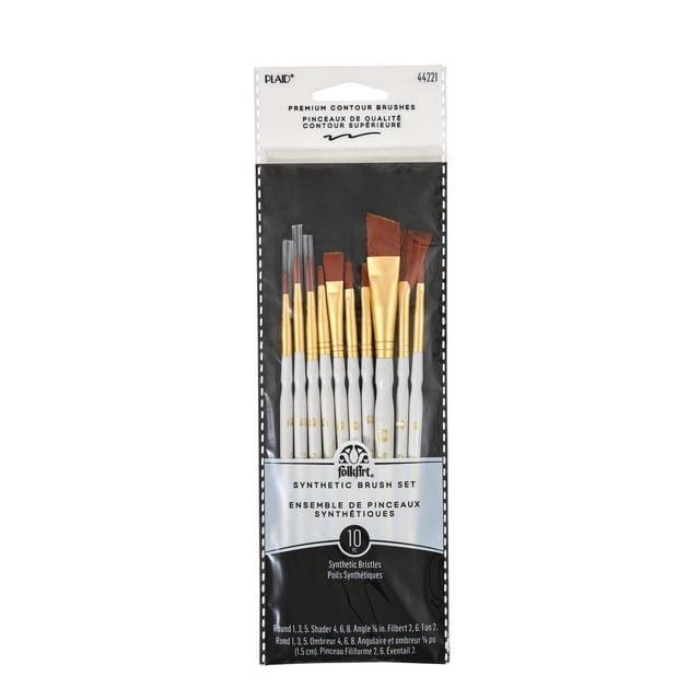 FolkArt 10 Piece Premium Contour Paint Brush Set with synthetic bristles, white handles, and gold ferrules, including rounds, shaders, angle, filberts, and fan brushes, suitable for smooth acrylic paint application and detailed art painting projects.