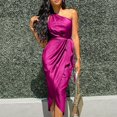 thumbnail image 3 of Women Sexy Solid One Shoulder Ruched Slit Dress Sleeveless Belt Formal Dress, 3 of 3