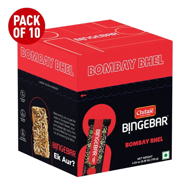 Chitale Binge Bar Bombay Bhel pack of 10 individually wrapped bars, each 12 g, featuring a traditional Indian street snack blend of puffed rice and chickpea noodles. The box highlights no added color, flavor, or preservatives and is suitable for portion-controlled, on-the-go snacking.