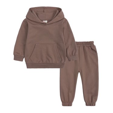 Vente de Chandails pour Bébé Survêtements pour Enfant 2 Pcs Ensemble de Survêtement à Capuchon Athlétique Vêtements d'Entraînement Chandail Uni Pantalon de Survêtement Ensemble de Sport pour Garçons Filles Survêtement Chandail à Col Rond pour Bébé Garçon Brun 4-5T