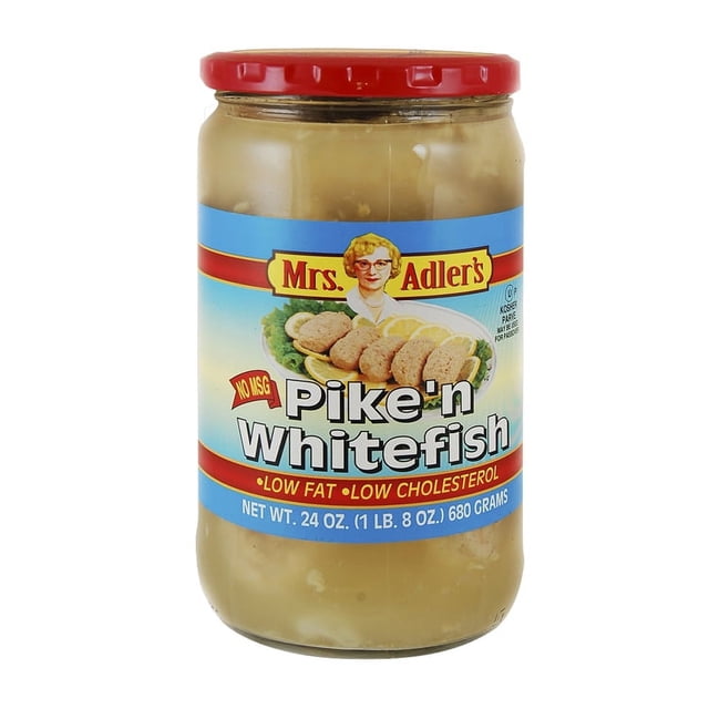 MRS ADLER Gefilte Fish White & Pike KPY 680g glass jar with red lid, labeled Mrs. Adler's Pike'n Whitefish, no MSG, low fat, low cholesterol, kosher canned fish product weighing 680 grams