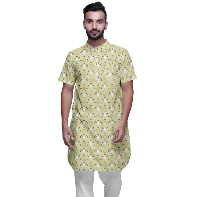 Atasi Kurta Imprimé pour Hommes Col Mandarin Chemise Kurta Décontractée en Batiste de Coton