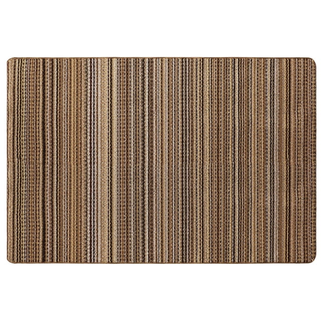 Warwick Tufted Machine Washable Area Mat in light brown with vertical woven stripes in brown and beige, featuring a durable tufted texture and non-slip backing, suitable as an indoor door mat for floor protection and easy machine washing.