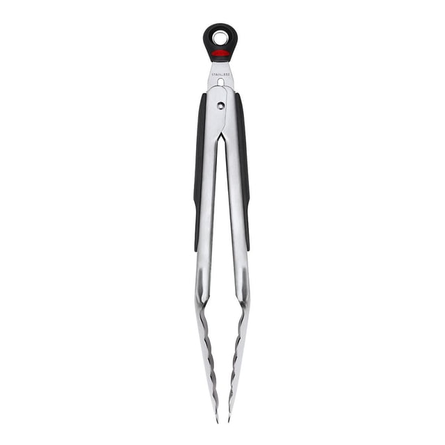 OXO SoftWorks 9-inch Locking Tongs featuring brushed stainless steel scalloped heads for secure food grip, soft black non-slip handles with thumb rests for comfort, and a pull-tab locking mechanism for safe storage, ideal for cooking and food handling.