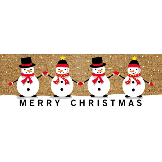 Coir Door Mat (Quadruple Snowman - Merry Christmas) (16 X 48) showing four white snowmen holding hands on a coarse natural coir background with falling snow dots, two snowmen wear black top hats and red scarves, two wear red hats with yellow stars and red scarves with yellow dots, with 'MERRY CHRISTMAS' text in black below, suitable for festive living room use.