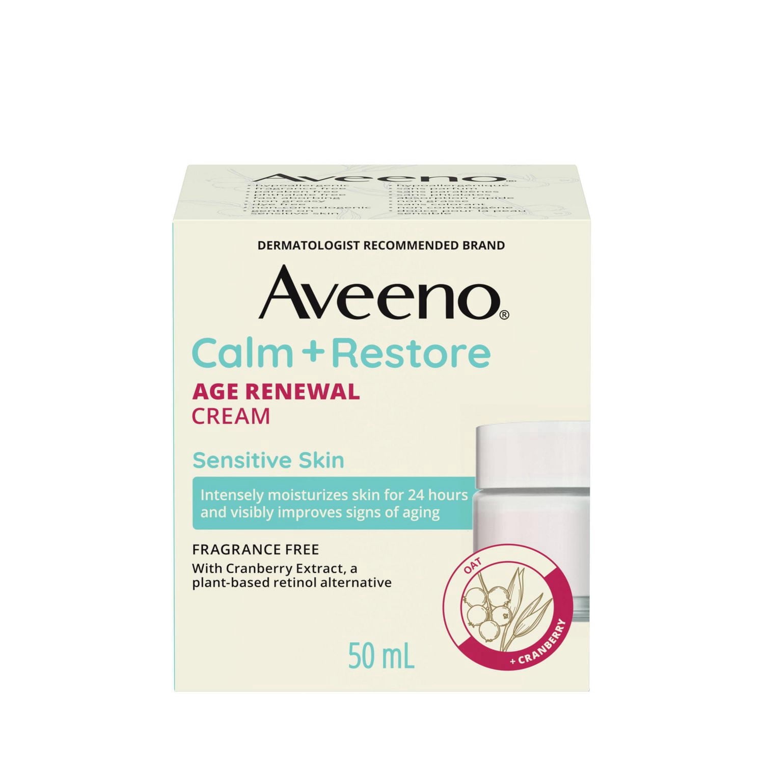 Aveeno Calm + Restore Age Renewal Cream, Oat, Niacinamide, Cranberry Extract, Anti Aging Dry Skin Moisturizer, Fragrance Free