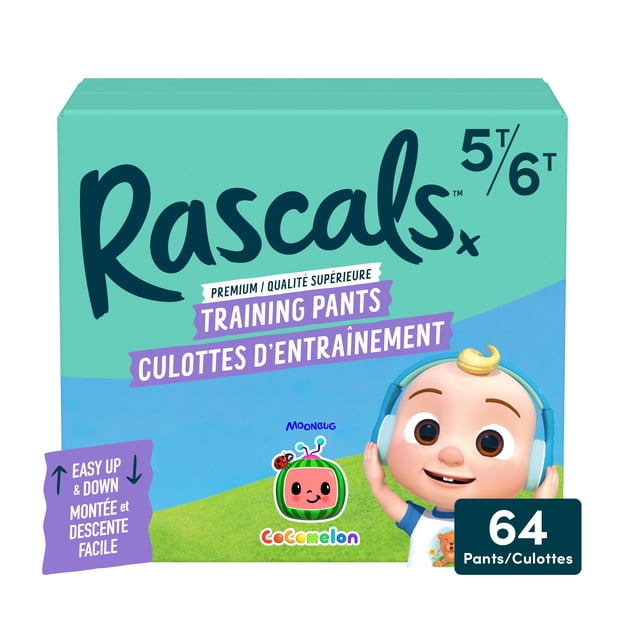 Rascals CoComelon Culottes d'Entraînement Absorbantes pour la Propreté, Taille 5T-6T, carton de 64 Culottes d'Entraînement avec Conception Facile à Monter et à Descendre et Imprimé de Personnages CoComelon, Conçues pour les Tout-Petits Qui Transitionnent des Couches avec Ajustement Confortable et protection contre les Fuites.