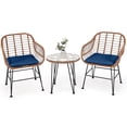 thumbnail image 1 of Patiojoy 3PCS Patio Rattan Furniture Set with Round Tempered Glass Top Table & 2 Rattan Armchairs Navy Cushions, 1 of 9