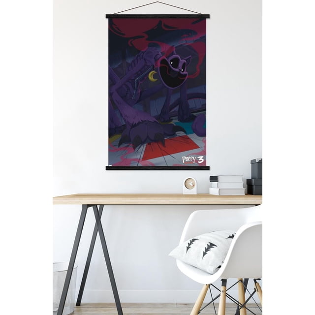 Poppy Playtime: Chapter 3 - CatNap Wall Poster, 22.375" x 34", depicting a dark purple cat-like creature with glowing white eyes and large paws amid red smoke in a shadowy setting, printed on glossy paper, suitable as wall art and room decor for bedrooms, offices, or dorms.