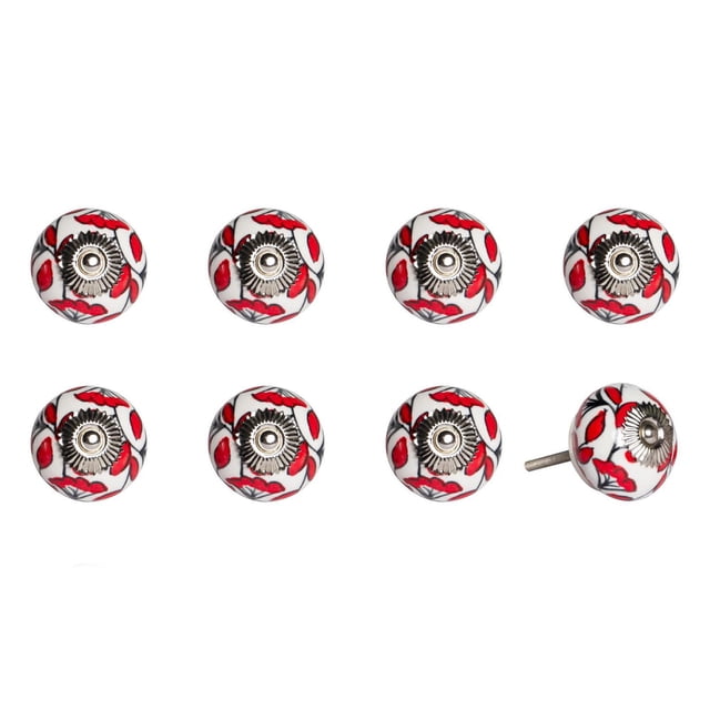 KNOB-IT vintage handpainted ceramic knobs 8 pack featuring round white ceramic knobs with red and black floral patterns and silver metal bolt centers, 1.5 inch diameter with adjustable 1.25 inch bolts, ideal for cabinet and drawer hardware and often used as decorative furniture accents.