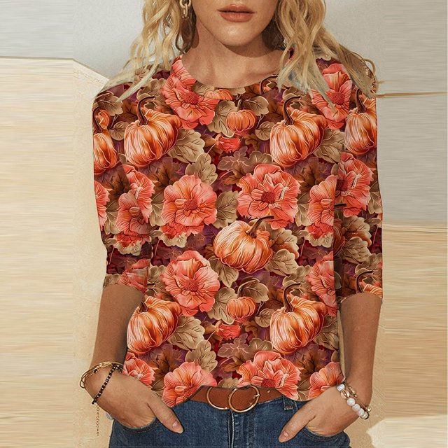 RKSTN Chemisiers pour Femmes Mode Femmes Imprimé Col Rond Manches 3/4 T-Shirt Chandail Haut Chemisier Femmes Chemisier en Polyester
