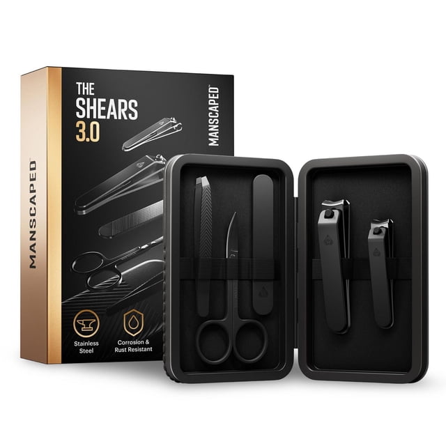 MANSCAPED® The Shears 3.0 - 5-Piece Precision Men’s Nail Grooming Travel Kit with stainless steel fingernail and toenail clippers, cuticle scissors, slant tip tweezers, and nail file, all secured in a black water-resistant hard case with magnetic closure, ideal for manicure tools and nail care essentials on the go.