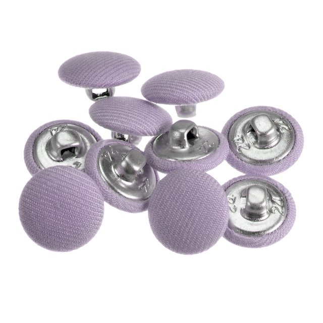 Unique Bargains 10pcs 24L fabric cloth-covered buttons, 15mm round metal shank sewing fasteners in purple. Made of durable aluminum with tightly woven cotton fabric, these buttons are washable and feature large holes for easy sewing. Ideal for suits, dresses, blouses, and craft projects.