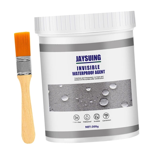 Waterproof Insulation Sealant Anti Leakage Agent Repair Tools Invisible Glue for 300g. The image features a 300g container labeled 'Jaysuing Invisible Waterproof Agent' and a wooden-handled brush with orange bristles. This roof sealant is ideal for repairing leaks in walls, ceilings, roofs, and bathrooms, forming a durable waterproof coating. Suitable for indoor and outdoor applications.