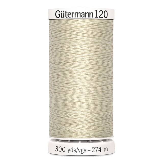 Gutermann 120 Bobine de Fil Tout Usage 100 % polyester de Couleur Blanc Cassé, Enroulée Serrée avec Étiquette Indiquant 300 yards (274 Mètres), Convient à la Couture à la machine et à la Main de Divers Tissus, Y Compris le Coton, les Synthétiques et les Fibres Naturelles, Également Idéale pour les Projets d'Artisanat et de Raccommodage.