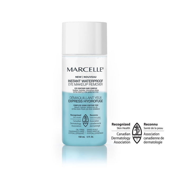 Marcelle Démaquillant Instantané Imperméable pour les Yeux en Bouteille Transparente avec Bouchon Blanc, Doté d'Une Formule à Double Phase Bleue Qui Élimine en Douceur et Instantanément le Maquillage des Yeux Imperméable et Longue Tenue, Enrichi en Caféine et en Extrait de Concombre pour Apaiser et Réduire les Poches sous les Yeux, Convient aux Yeux Sensibles et aux Porteurs de Lentilles de contact, Reconnu par l'Association Canadienne de Dermatologie.